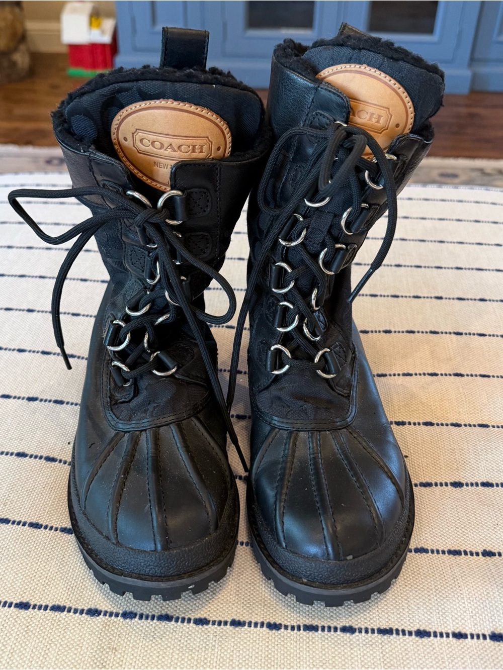Coach Black Leather Lace-Up Boots with Tan Logo Patch